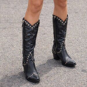 Old Gringo Rockrazz Studded Western Boots Black Leather Side Zip Snip Toe Boot